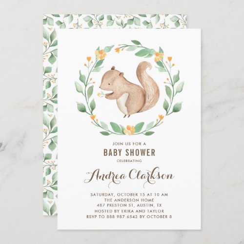 Cute Watercolor Baby Squirrel Woodland Baby Shower Invitation