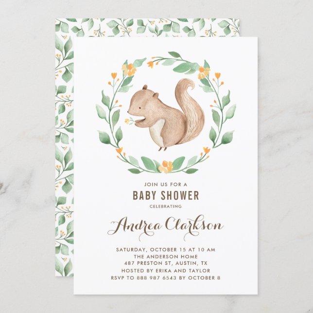 Cute Watercolor Baby Squirrel Woodland Baby Shower Invitation (Front/Back)