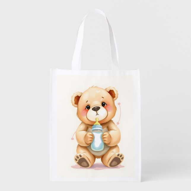 Cute Watercolor Baby Teddy Bear Illustration  Grocery Bag (Front)