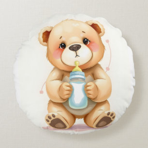 Cute Watercolor Baby Teddy Bear Illustration  Round Pillow