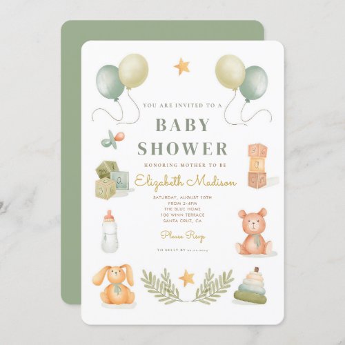 Cute Watercolor Baby Toys Baby Shower Invitation