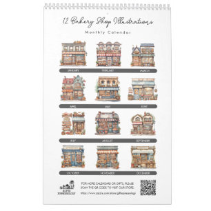 Cute Watercolor Bakery Shop Pastry Shop Monthly Calendar