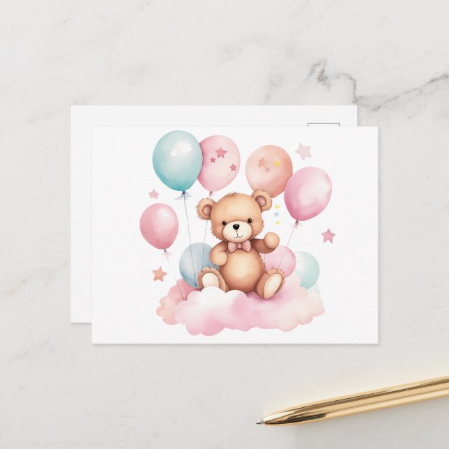 Cute Watercolor Balloon Teddy Bear on Pink Cloud Postcard (Front/Back In Situ)