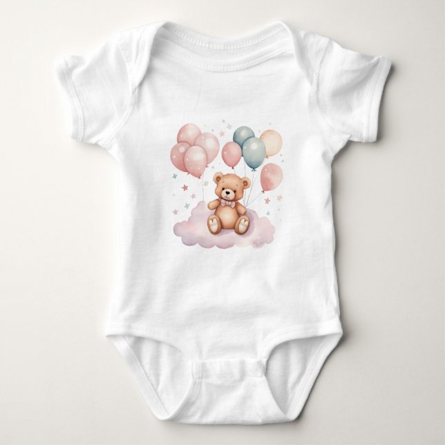 Cute Watercolor Balloons Teddy Bear on Cloud Baby Bodysuit (Front)