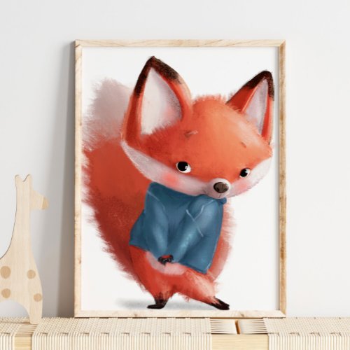 Cute Watercolor Bashful Fox  Fox Wall Print