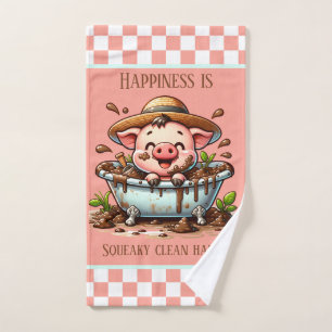 Cute watercolor bath time bathroom pig Country Hand Towel