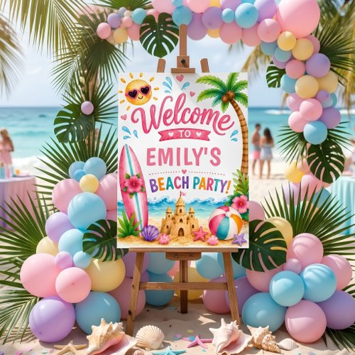 Cute Watercolor Beach Birthday Party Welcome Sign