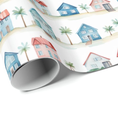 Cute Watercolor Beach Houses Tropical Pattern Wrapping Paper