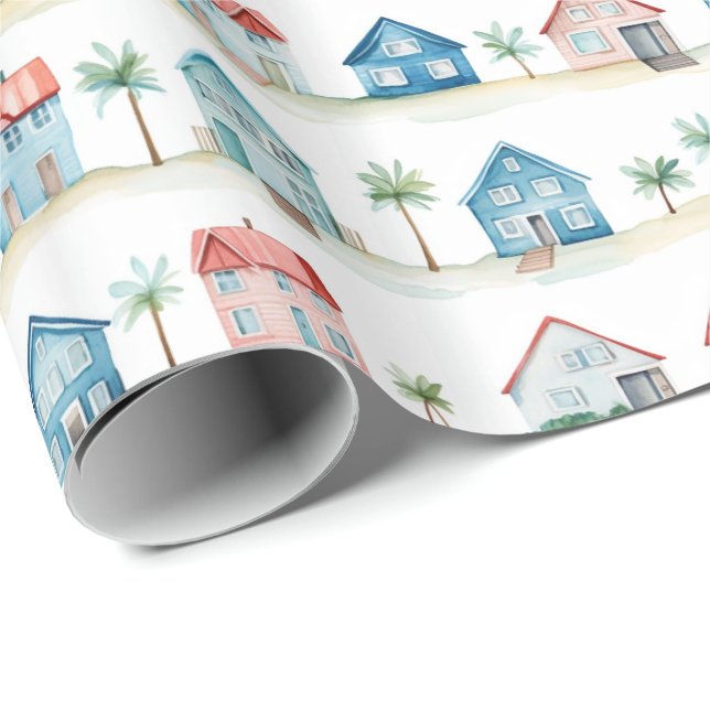 Cute Watercolor Beach Houses Tropical Pattern Wrapping Paper (Roll Corner)