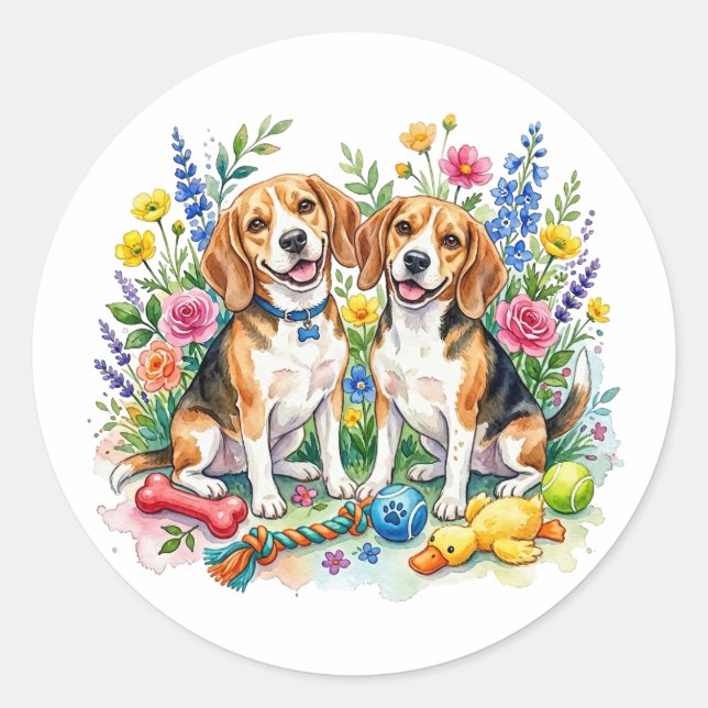 Cute Watercolor Beagles Classic Round Sticker (Front)