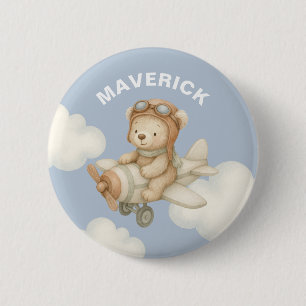 Cute Watercolor Bear Adventure Custom Name Boys Button