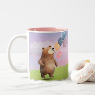 Cute Watercolor Bear and Balloons Pastel Two-Tone Coffee Mug