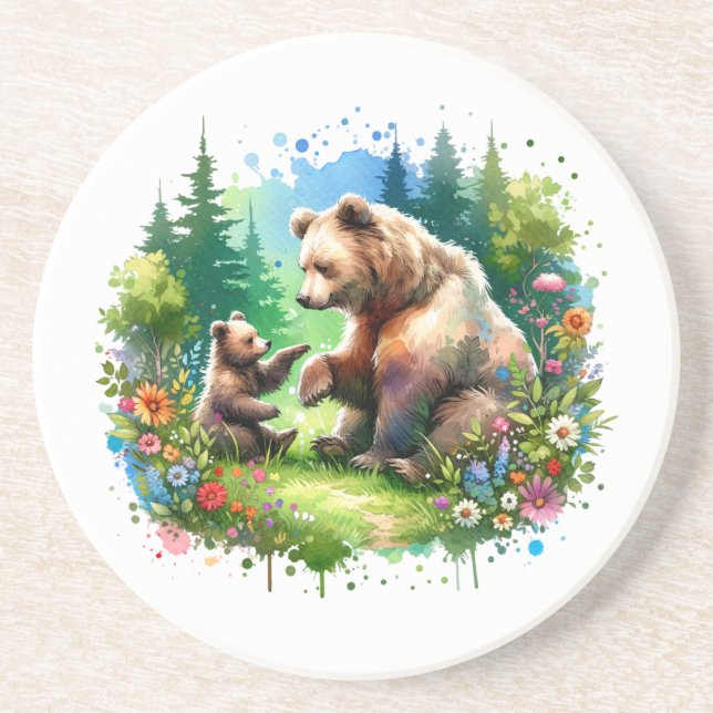 Cute Watercolor Bear and Cub  Coaster (Front)
