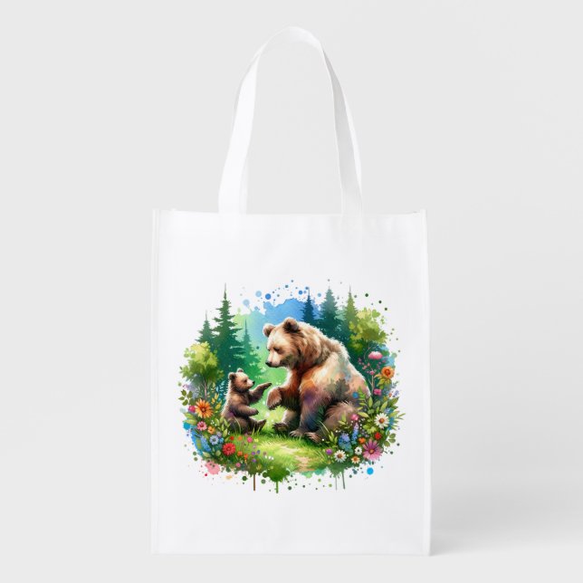 Cute Watercolor Bear and Cub Grocery Bag (Front)