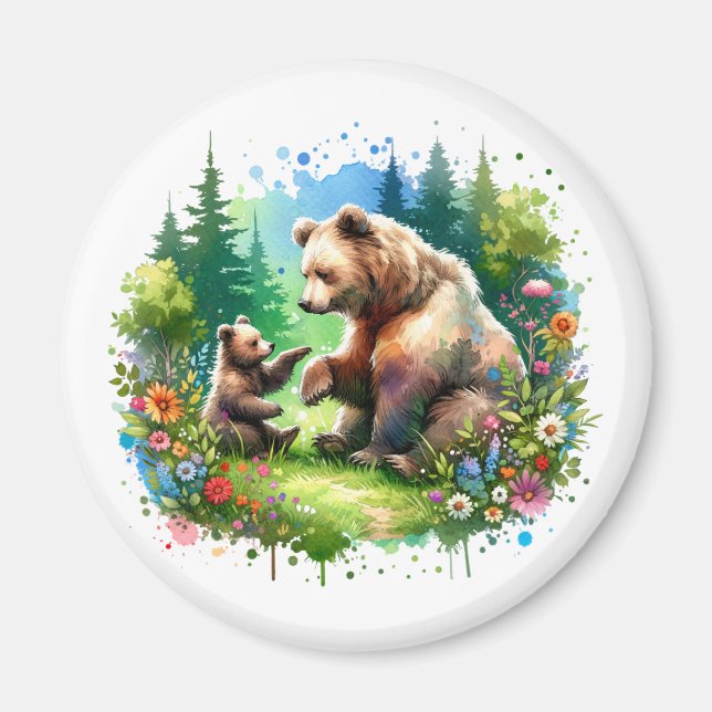 Cute Watercolor Bear and Cub  Magnet (Front)