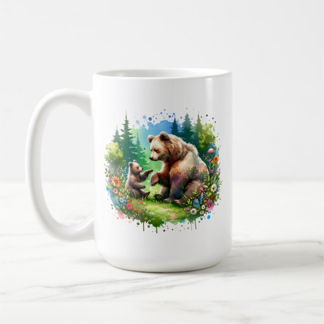 Cute Watercolor Bear and Cub Personalized Coffee Mug (Left)
