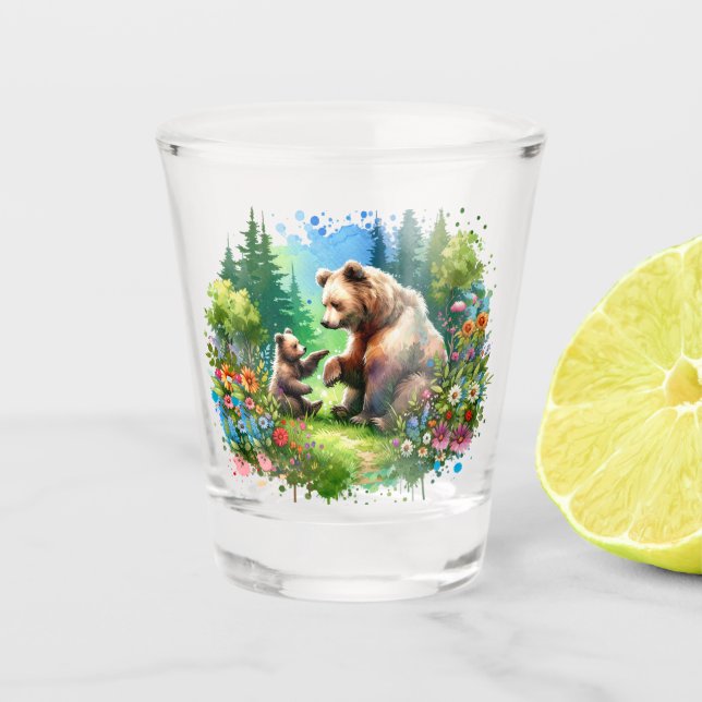 Cute Watercolor Bear and Cub  Shot Glass (Front)