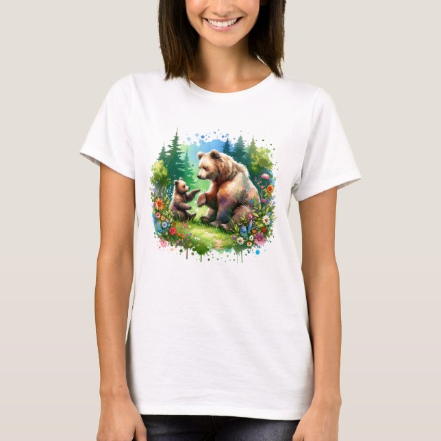 Cute Watercolor Bear and Cub T-Shirt (Front)