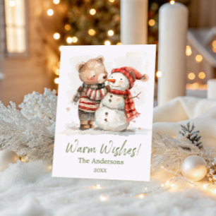 Cute Watercolor Bear and Snowman Warm Wishes Holiday Card