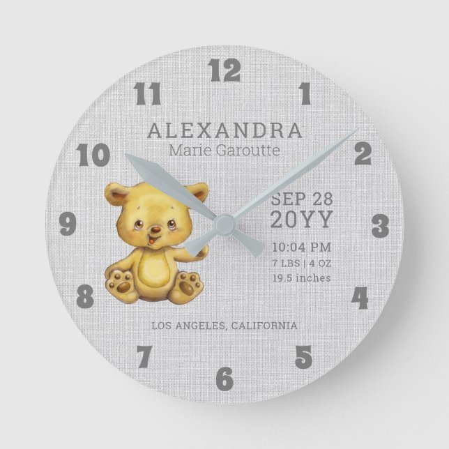 Cute Watercolor Bear Baby Birth Stats Nursery Round Clock (Front)