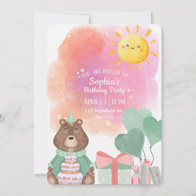 Cute Watercolor Bear Birthday Invitation  (Front)