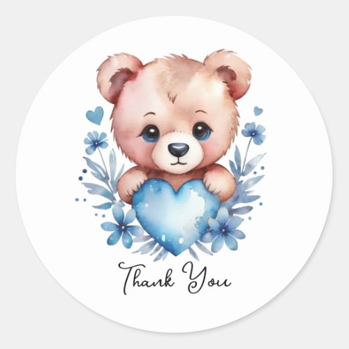 Cute Watercolor Bear Blue Heart Thank You Classic Round Sticker