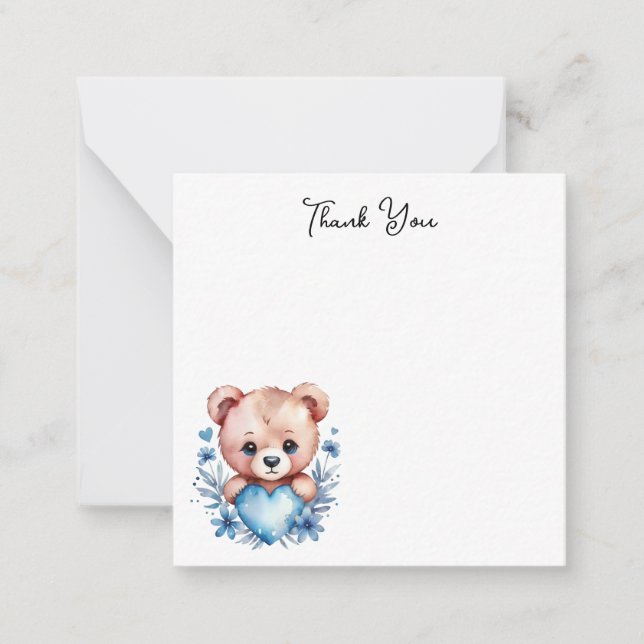 Cute Watercolor Bear, Blue Heart Thank You Note Card (Front)