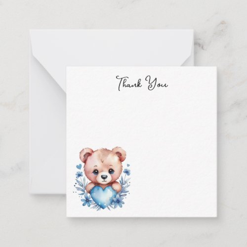 Cute Watercolor Bear Blue Heart Thank You Note Card