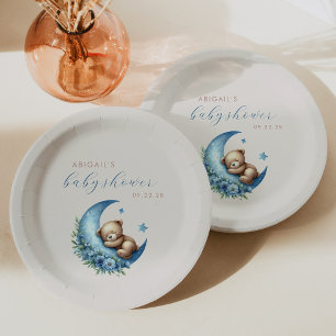 Cute Watercolor Bear Blue Moon Boy Baby Shower Paper Plates