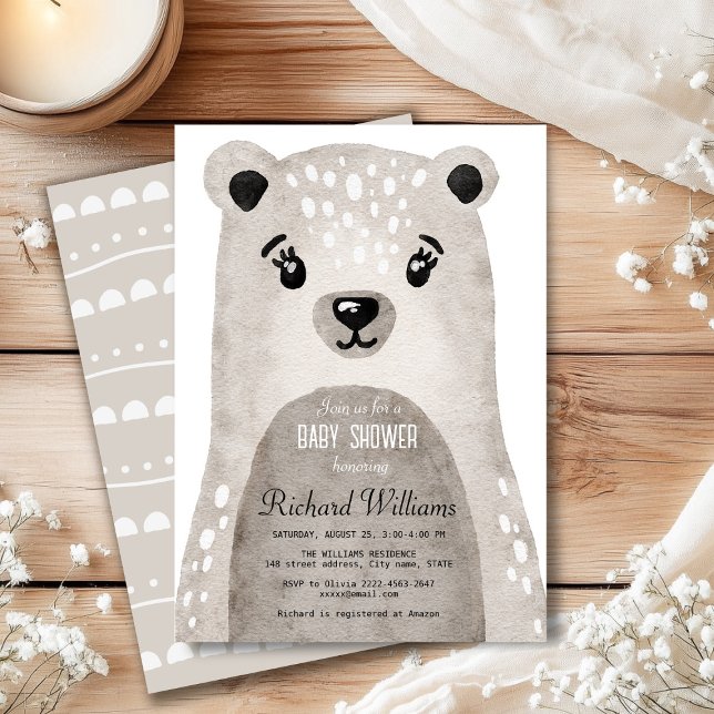 Cute watercolor bear boy baby shower invitation (Cute beige watercolor boho bear baby shower invitation)