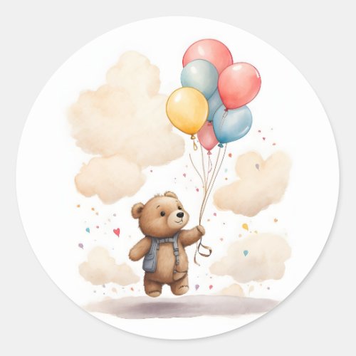 Cute Watercolor Bear Cub Floating in Air  Classic Round Sticker