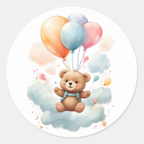 Cute Watercolor Bear Cub Floating in Air Classic Round Sticker