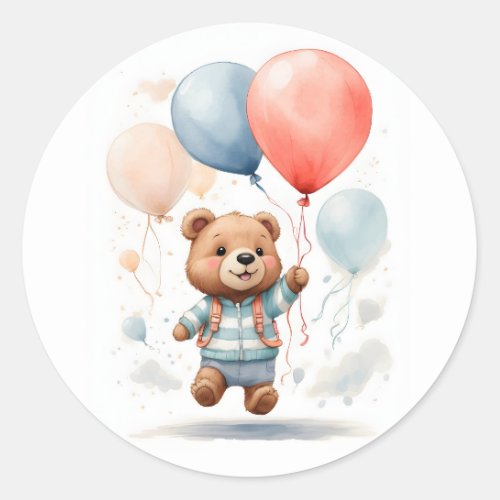 Cute Watercolor Bear Cub Floating in Air Classic Round Sticker