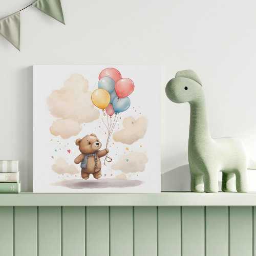 Cute Watercolor Bear Cub Floating in Air Nursery Faux Canvas Print
