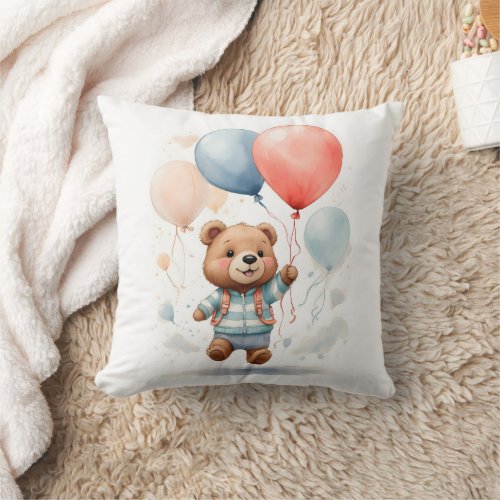 Cute Watercolor Bear Cub Floating in Air Nursery  Throw Pillow