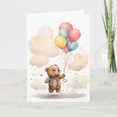 Cute Watercolor Bear Cub Floating in the Air Blank Card