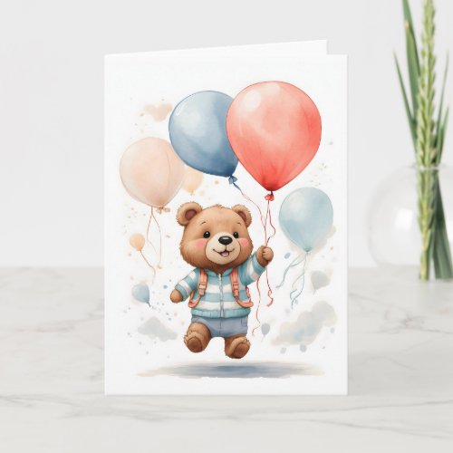 Cute Watercolor Bear Cub Floating in the Air Blank Card