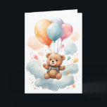 Cute Watercolor Bear Cub Floating in the Air Blank Card<br><div class="desc">Adorable watercolor bear cub with colorful balloons floating through the sky surrounded by clouds.  Blank greeting card for birthday,  anniversary,  new baby,  thank you,  etc.</div>