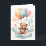 Cute Watercolor Bear Cub Floating in the Air Blank Card<br><div class="desc">Adorable watercolor bear cub with colorful balloons floating through the sky surrounded by clouds.  Blank greeting card for birthday,  anniversary,  new baby,  thank you,  etc.</div>
