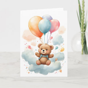 Cute Watercolor Bear Cub Floating in the Air Blank Card