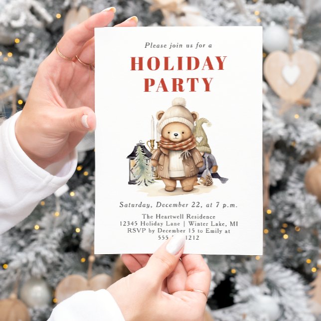 Cute Watercolor Bear Holiday Party Invitation (Creator Uploaded)