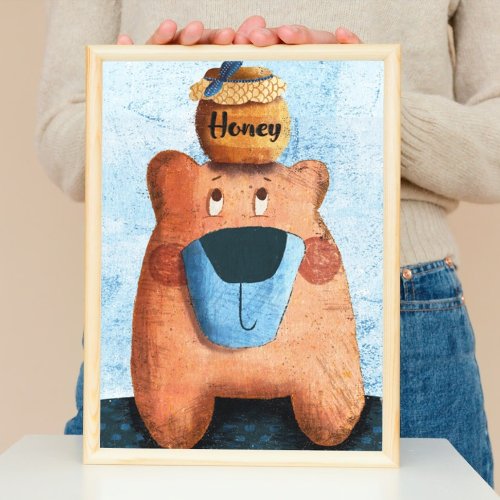 Cute Watercolor Bear Honey Jar Babies Kids Nursery Poster