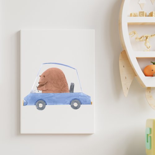 Cute Watercolor Bear in Blue Car Nursery Kids Faux Canvas Print