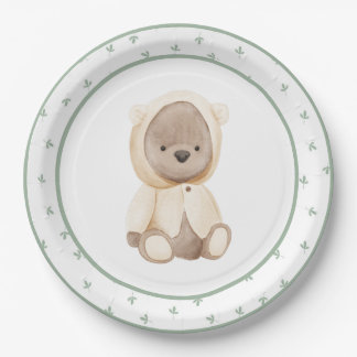 Cute Watercolor Bear in Raincoat Baby Shower Paper Plates