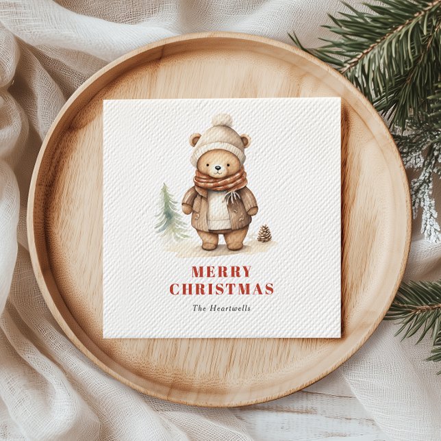 Cute Watercolor Bear Merry Christmas Holiday Napkins (Creator Uploaded)