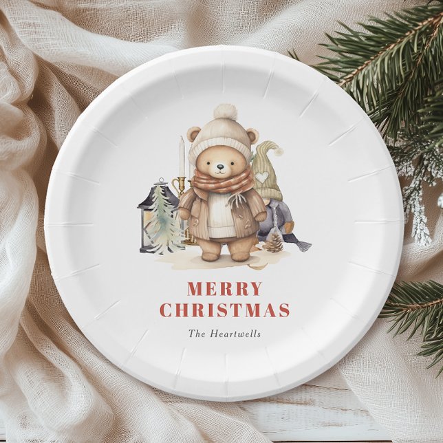 Cute Watercolor Bear Merry Christmas Holiday Party Paper Plates (Creator Uploaded)