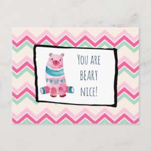 Cute Watercolor Bear on a Heart Pattern Thank You Postcard