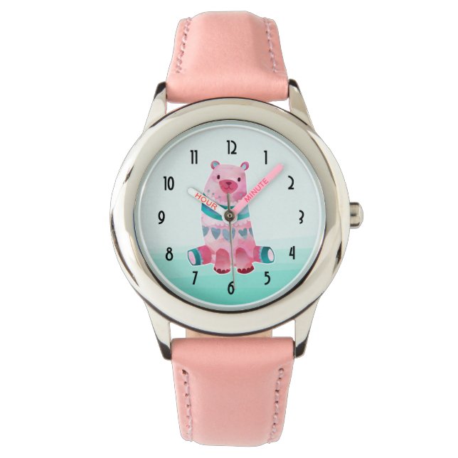 Cute Watercolor Bear on Aqua Green Ombre Backing Watch (Front)