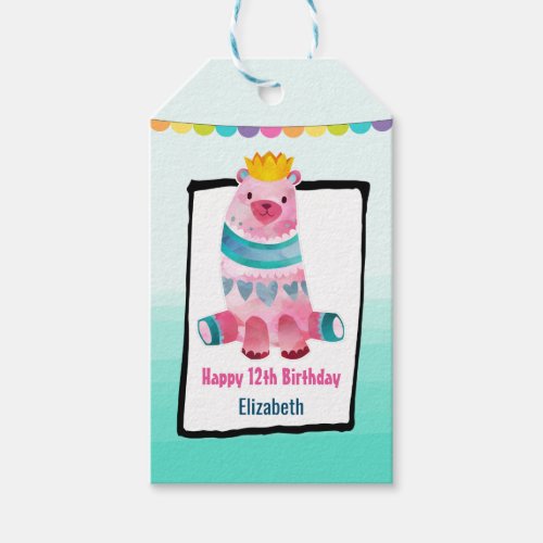 Cute Watercolor Bear on Aqua Green Ombre Birthday Gift Tags