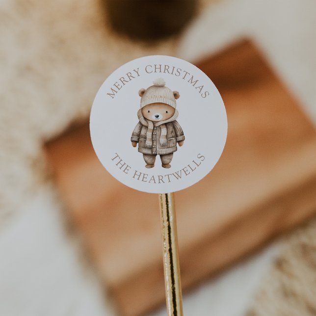 Cute Watercolor Bear Personalized Merry Christmas Classic Round Sticker (Creator Uploaded)